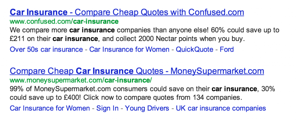 Google UK search results for 'Car Insurance' (22/02/2013)